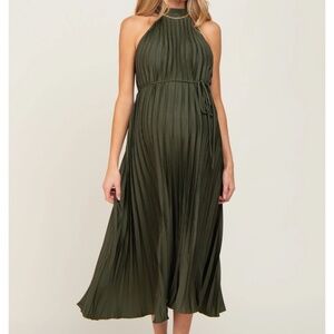 Olive Pleated Maternity Halter Dress